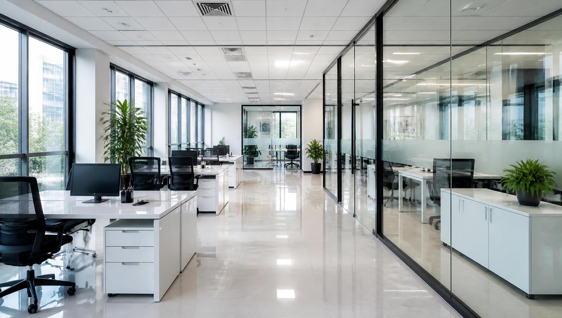 Oficina moderna limpia y ordenada con pisos brillantes